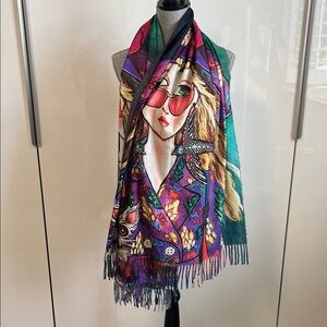 NWOT Colorful Artistic Lady Dog Wool Blend Double Sided Fabric Large Scarf